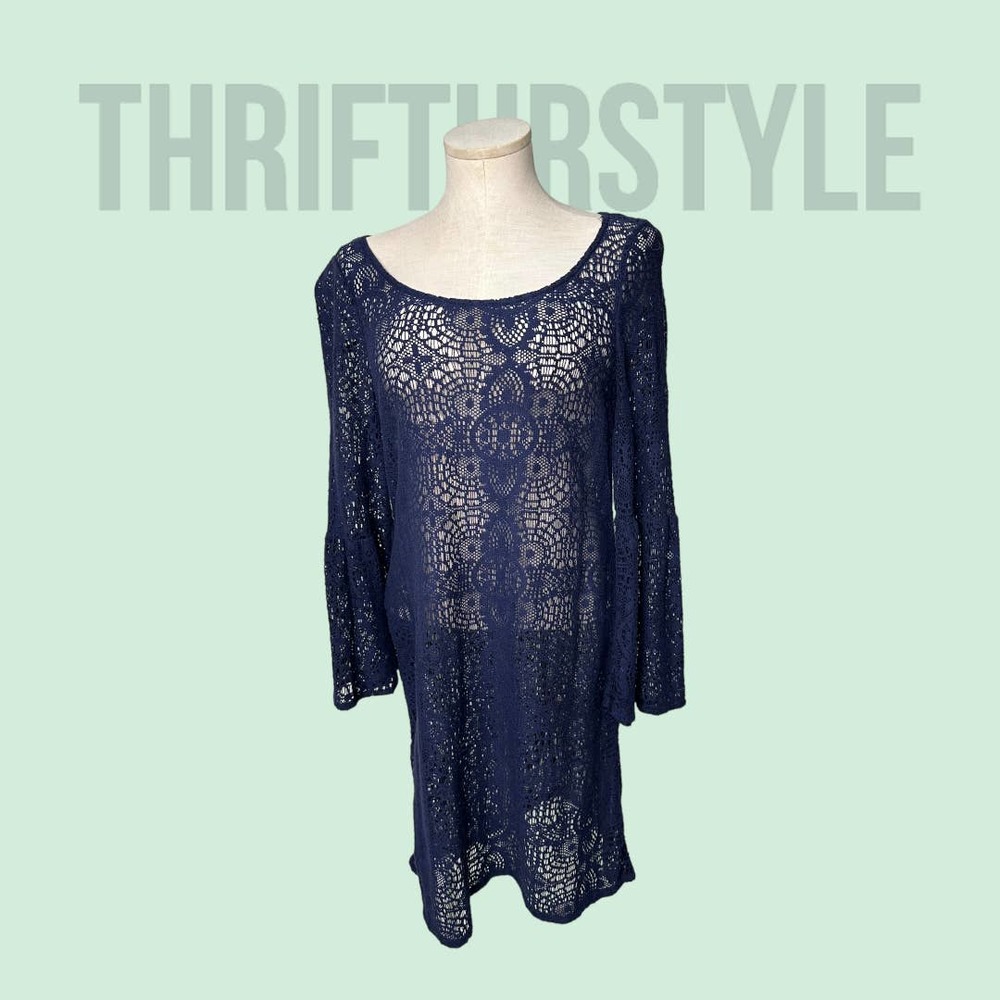 Navy Blue Crochet Lace Bell Sleeve Mini Dress Swim Cover Up Small/Petite‎